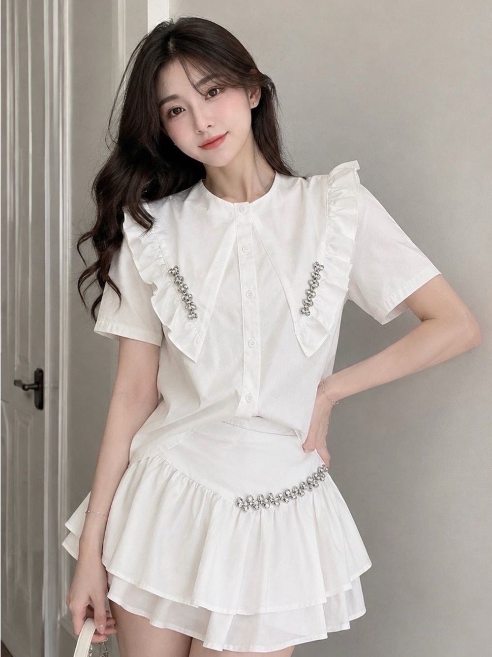 Women’s White Rhinestone Ruffle Top & Skirt Two-Piece Set